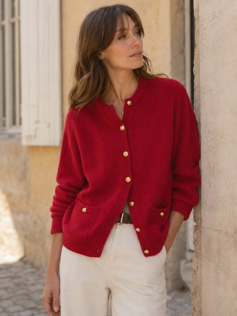 Lord & Taylor Cardigan Womens M Red Wool Gold Button Preppy Sweater Vintage